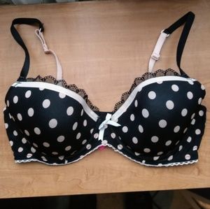 Betsey Johnson Bra 32D Black Pink Polka Dots Lace